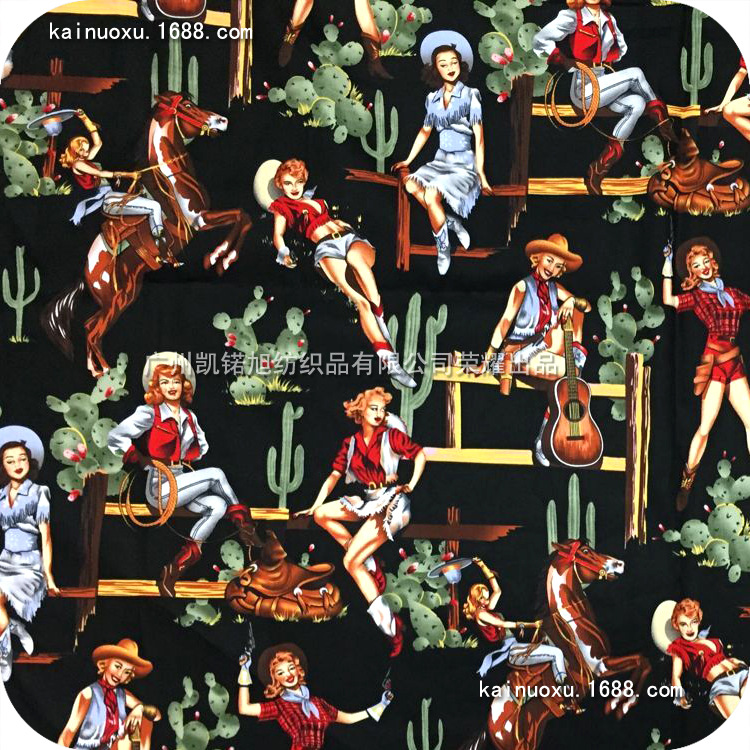 斜纹活性印花面料 春夏装连衣裙印花布 人物梦露仙人掌马印花面料