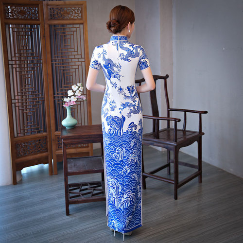 Blue and white porcelain cheongsam long cheongsam etiquette cheongsam skirt Chinese Dress Qipao for women