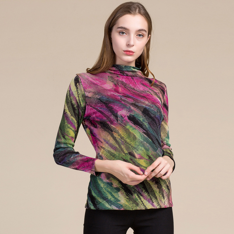Womens Silk Mesh Mock Neck Long Sleeve T Shirt Double Layer Lightweight Soft Fabric Perfect for Spring and Autumn