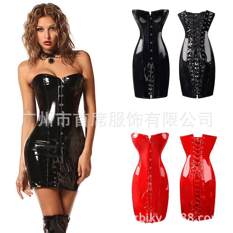 Dark back breast support PVC dress tight...