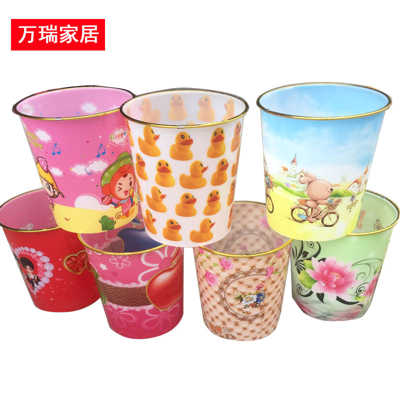 厂家直销家用金边垃圾桶印花加厚厨房塑料垃圾桶无盖 客房垃圾桶
