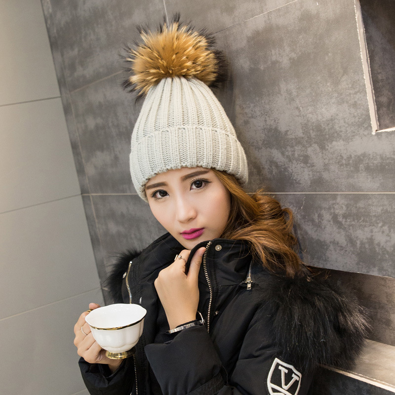 帽子女秋冬季貉子狐狸毛球毛线帽子女冬天潮韩国皮草针织帽