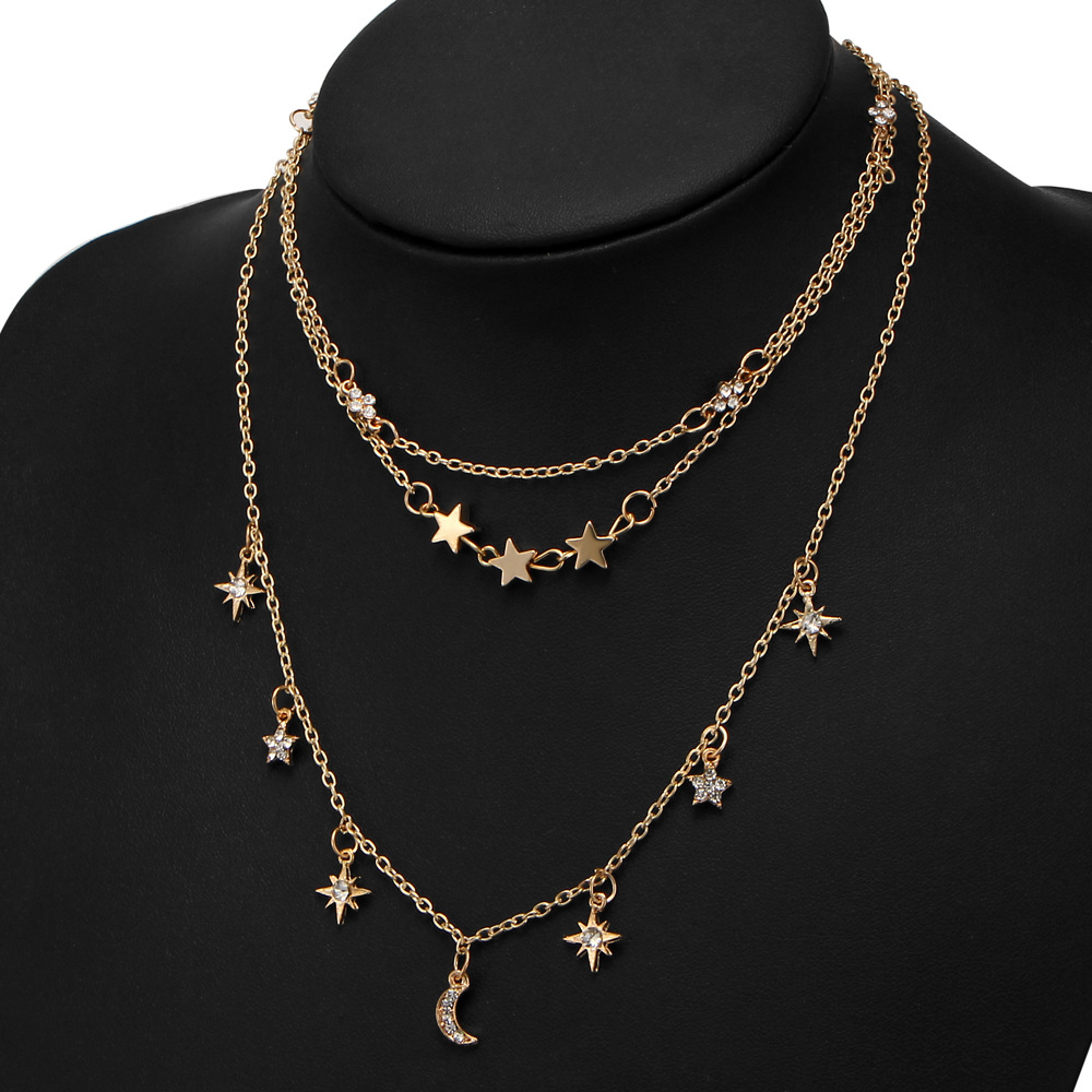 Novo colar gargantilha lua estrela pingente colar três camadas diamante cristal clavícula colar jóias_voghion.com