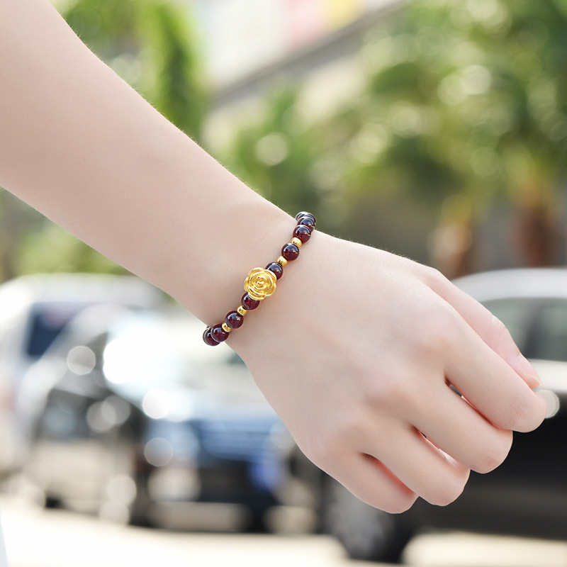 Unisex enkelcirkel granatarmband sandguld ros vakuumförgyllt smycke pärlpar kristallarmband_voghion.com