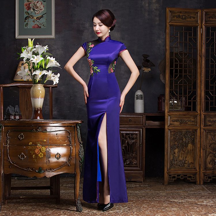 purple elegant single split hollow out long cheongsam female performance shows the etiquette cheongsam chinese dress qipao skirt suit