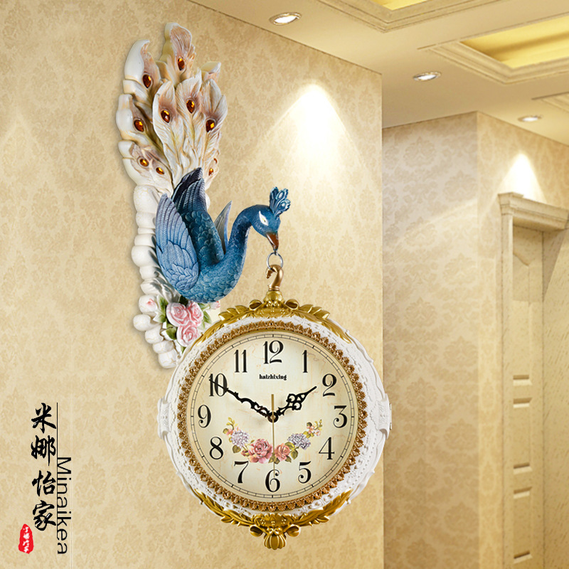 欧美式复古挂钟双面钟客厅钟表创意个性孔雀装饰静音挂表批发