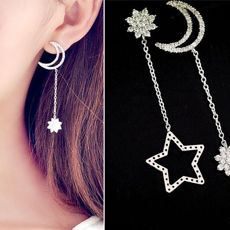 Long Snowflake Earrings Creative Star Moon Asymmetric Zircon Earrings display picture 1