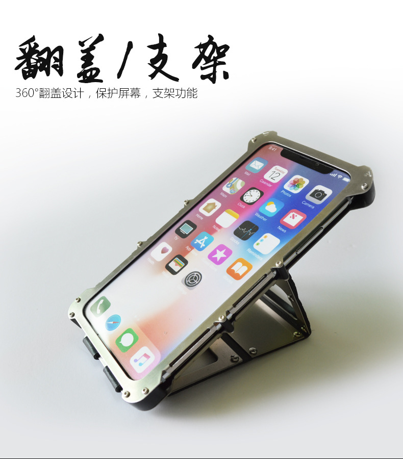 Armor King Iron Man Stainless Steel Dual Window Rivet Leather 360° Flip Case Cover for Apple iPhone X