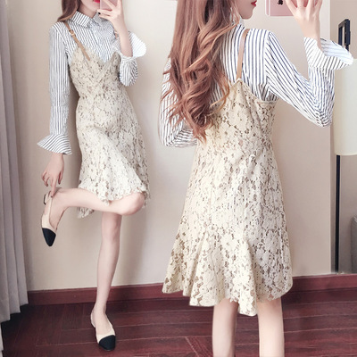 秋季套装女时尚两件套新款韩版学院气质条纹衬衫吊带蕾丝裙17926