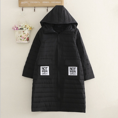 秋冬季230斤大码女装韩版宽松口袋字母贴布薄款加长棉衣外套D1100|ru