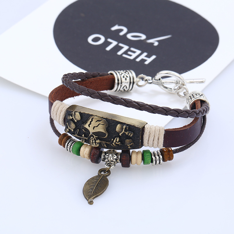 Punk Neue Fabrik Direkt Verkauf Hand Gefertigte Perlen Retro Bronze Legierung Rindsleder Armband Paar Schmuck Grenz Überschreitende Versorgung display picture 2