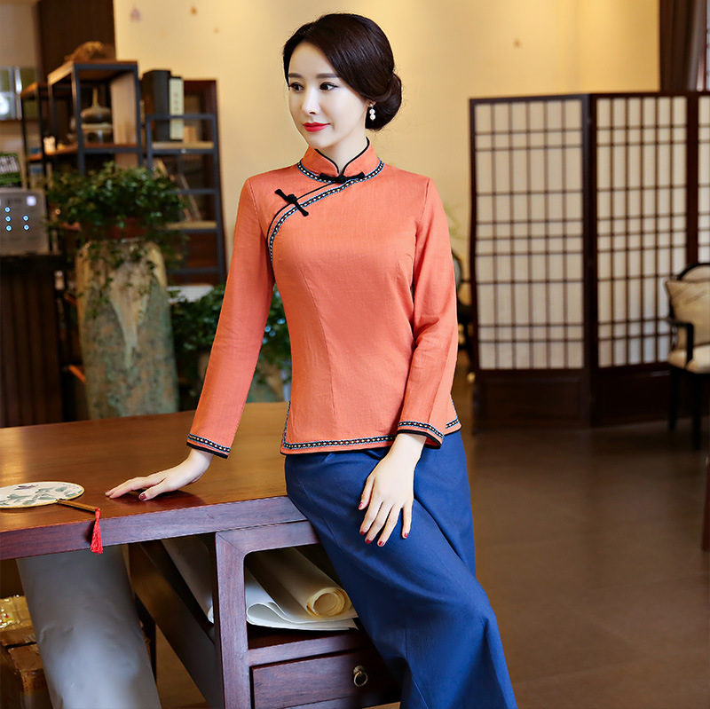 长袖花边一字扣-橘色_01