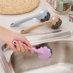 Steel ball brush with handle, dishwashing and pot cleaning brush, household kitchen long-handled pot brush cleaning ball wholesale