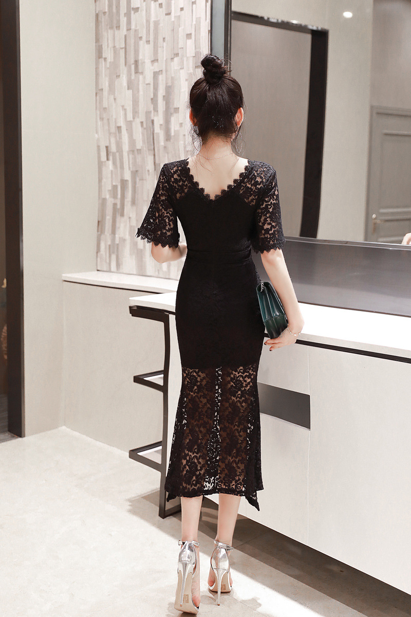 Đầm nữ cổ chữ V ren ôm body dáng dài — Màu đen chi tiết 16