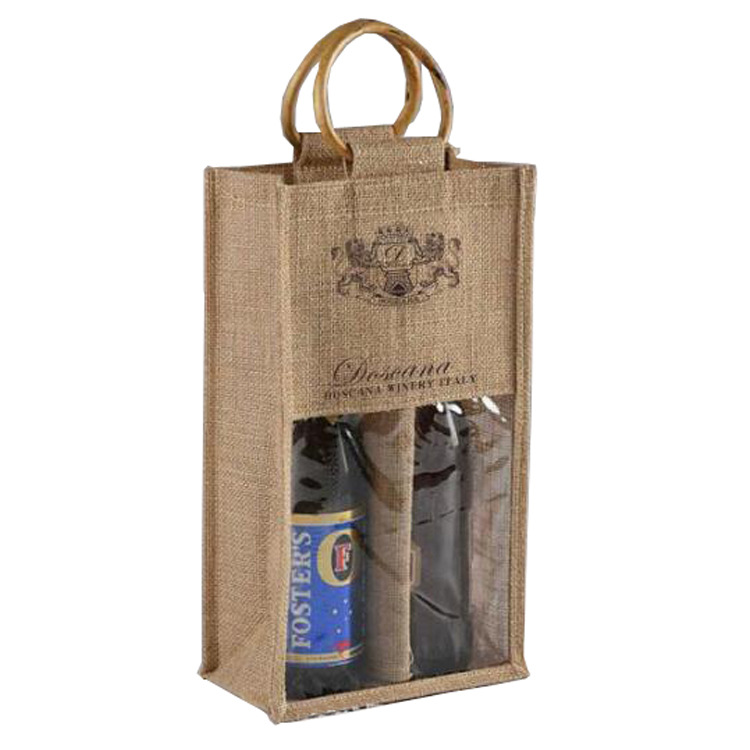 外贸出口黄麻覆膜红酒袋定制  pvc透明红酒麻布袋 印花礼品手提袋