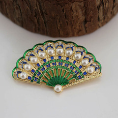 歐美日韓流行復古滴油琺瑯鑲鑽珍珠小款扇子胸針