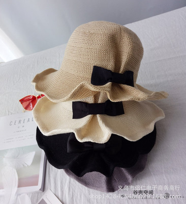 Bow tie cotton hemp sunshade hat fisherman summer beach sunhats hat foldable hat girl