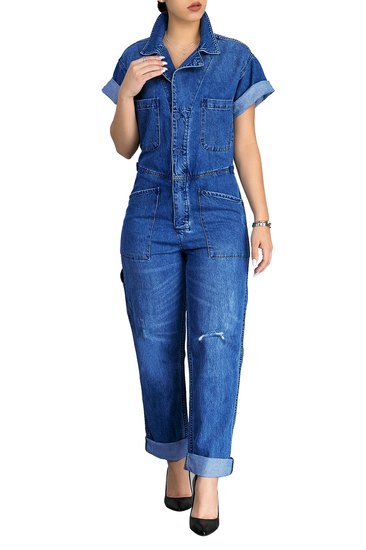 New Women Short Sleeve Buttons Denim Jumpsuit Long Blue Jean Jumpsuit