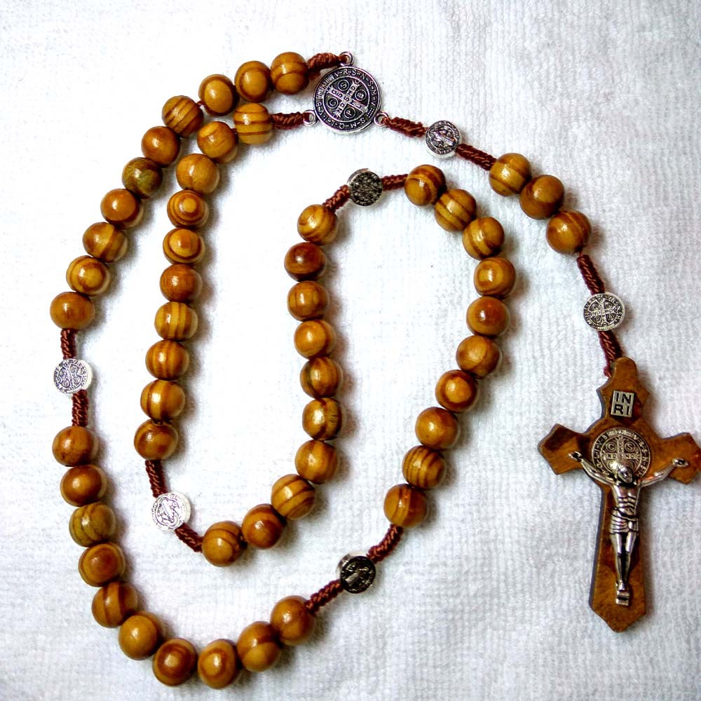 Catholic Rosary Necklace Wooden Beads Handmade Cross Religious Jesus Jewelry