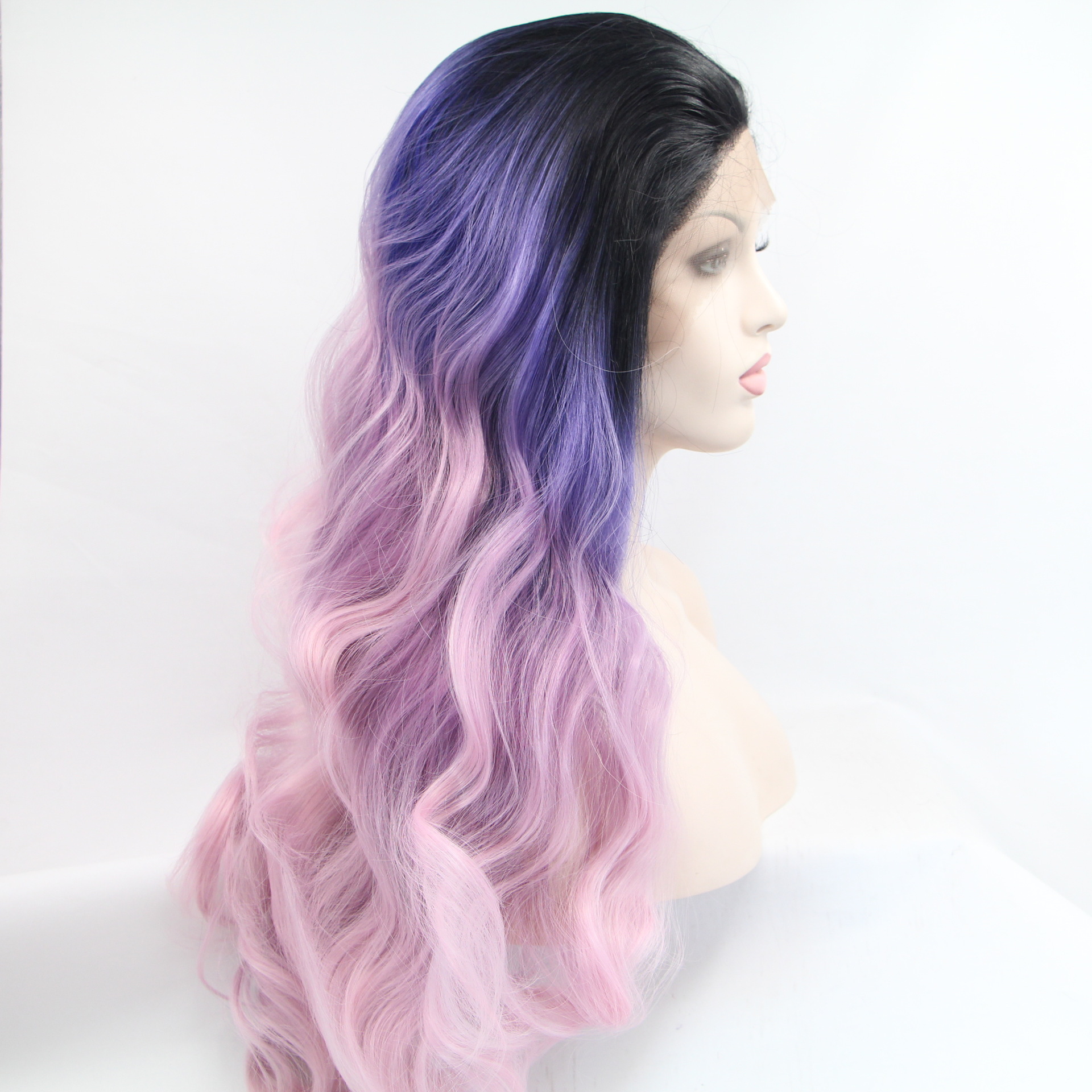NEWLOOK W1051 Púrpura rosa moda pelo largo ondulado peluca de encaje peluca de entrenamiento
