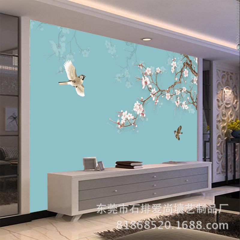 定制8d墙纸客厅电视背景墙壁纸墙布中式花鸟沙发5d凹凸壁画 阿里巴巴