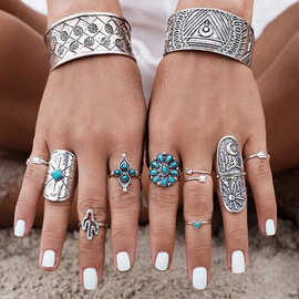 336欧美外贸饰品 波西米亚食指戒指 宽版复古雕花几腾九件套指环
