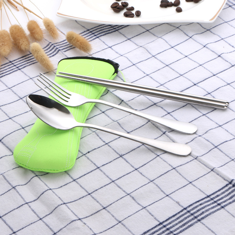 厂家直销加厚不锈钢餐具 创意环保勺叉筷三件套 旅行便携餐具套装