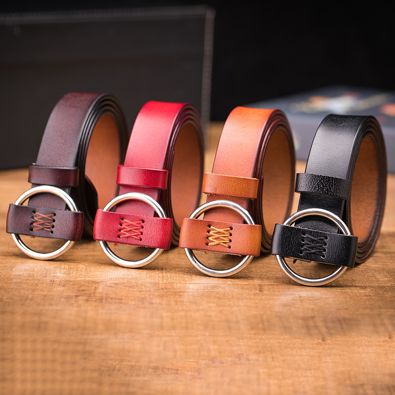 新款圆扣真皮简约百搭裤腰带女士韩版时尚装饰牛皮裤带批发|ms