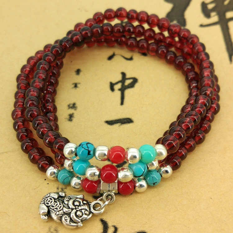 Imitation Garnet Bead Bracelet, Glass-Painted Beads, 4 mm and 6 mm, Single or Triple Wrap
