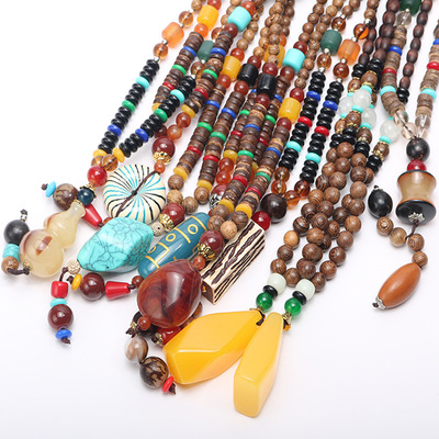 新款复古蜜蜡毛衣链 几何长款项饰 鸡翅木项链女 创意饰品批发