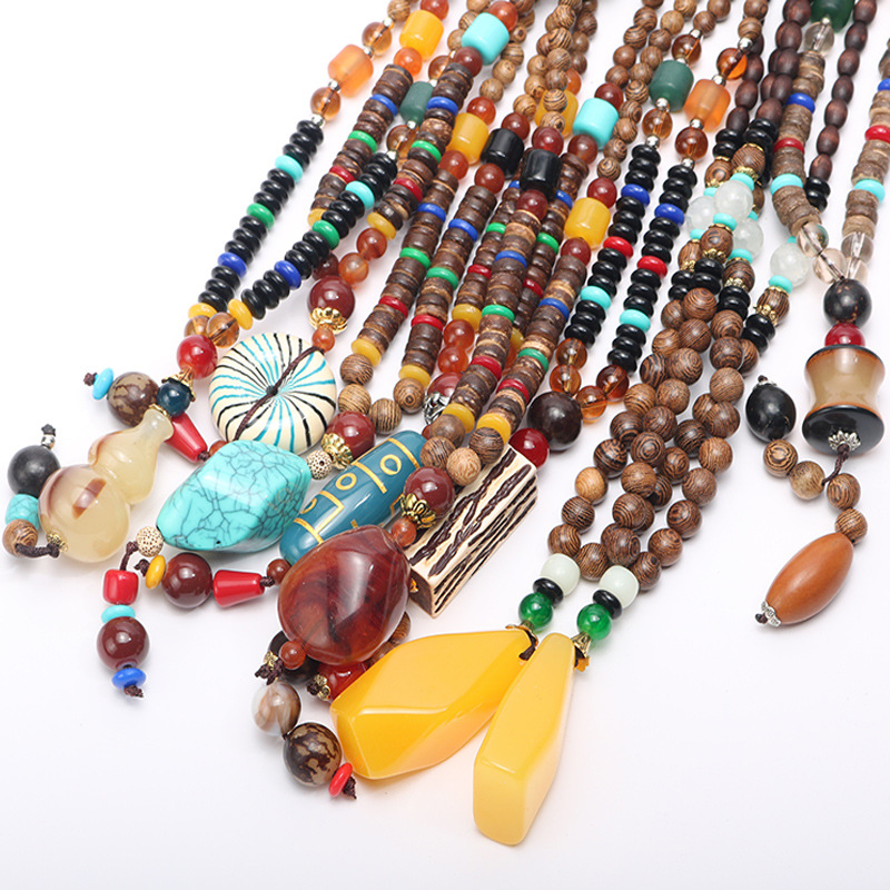 新款复古蜜蜡毛衣链 几何长款项饰 鸡翅木项链女 创意饰品批发