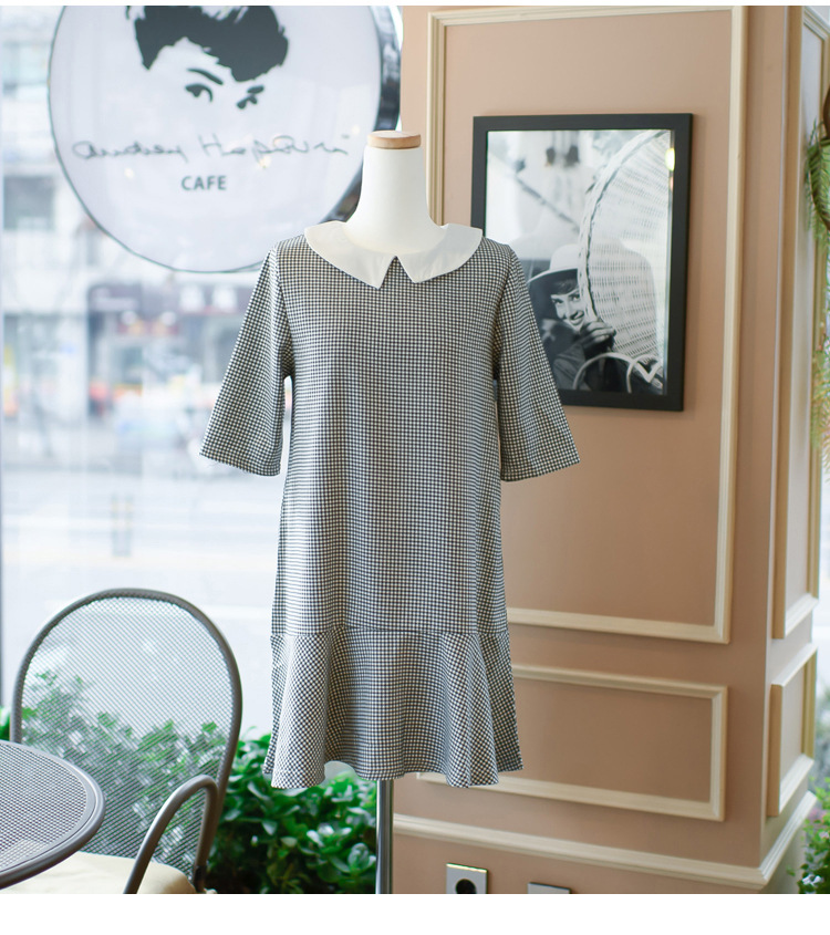 DABI 韓系學院風五分袖娃娃領荷葉邊格子短袖洋裝 DABI 韓系學院風五分袖娃娃領荷葉邊格子短袖洋裝