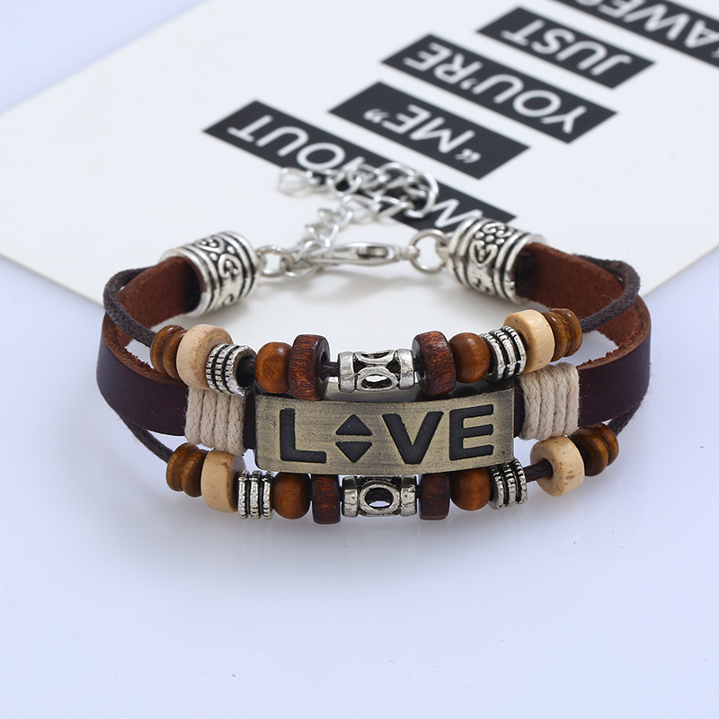 Handmade Beaded Leather Bracelet Alloy Couple Love Leather Bracelet Jewelry display picture 2