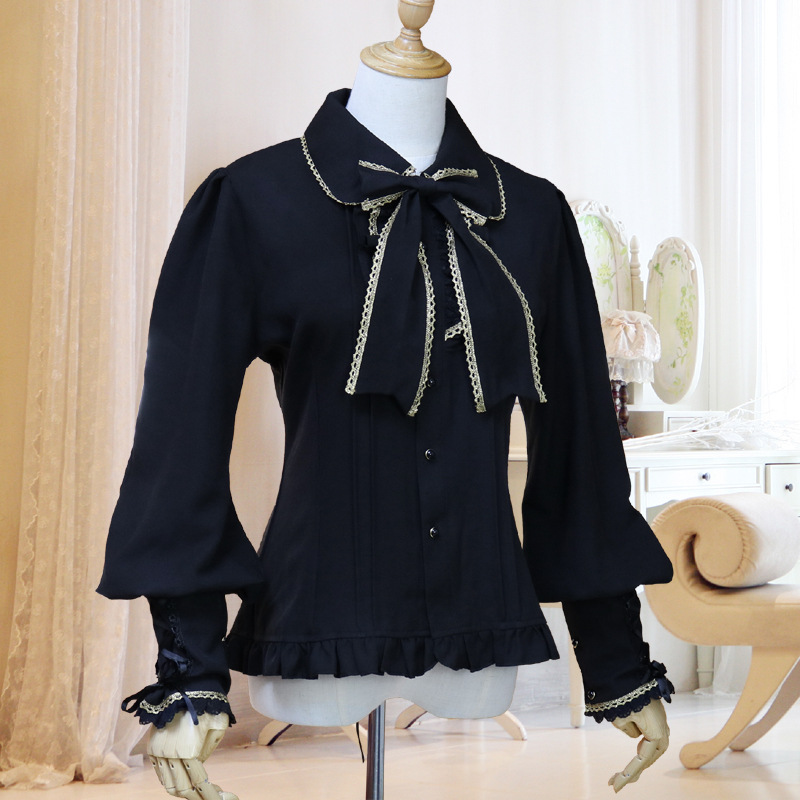 ヨーロッパのレトロなランタンの袖の金の縁のレースのシフォンのlolitaの洋服の長袖の女性のシャツ