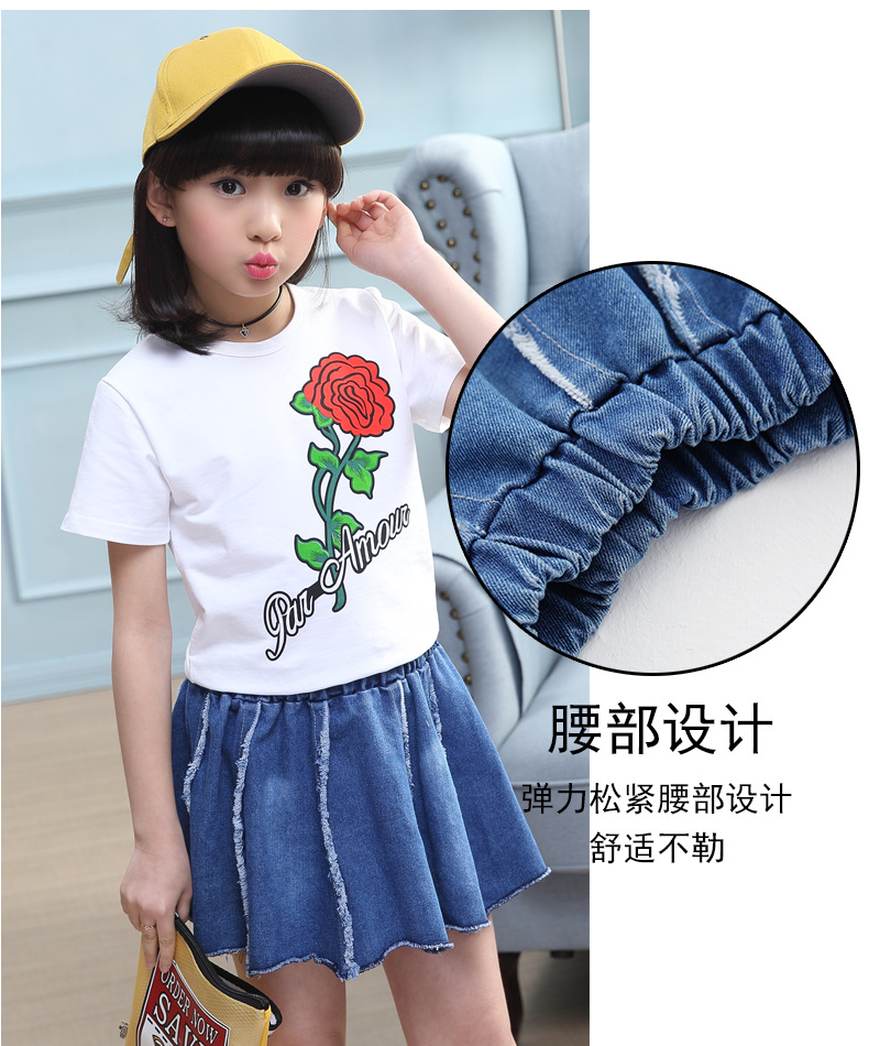 童套装-女童裙套装夏玫瑰花十片牛仔半身裙两