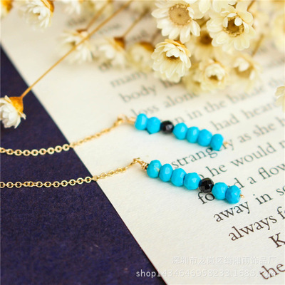 Qi Xiang rain natural Stone Blue Turquoise Spinel Ear line solar system Simplicity girl 14K Gold Earrings