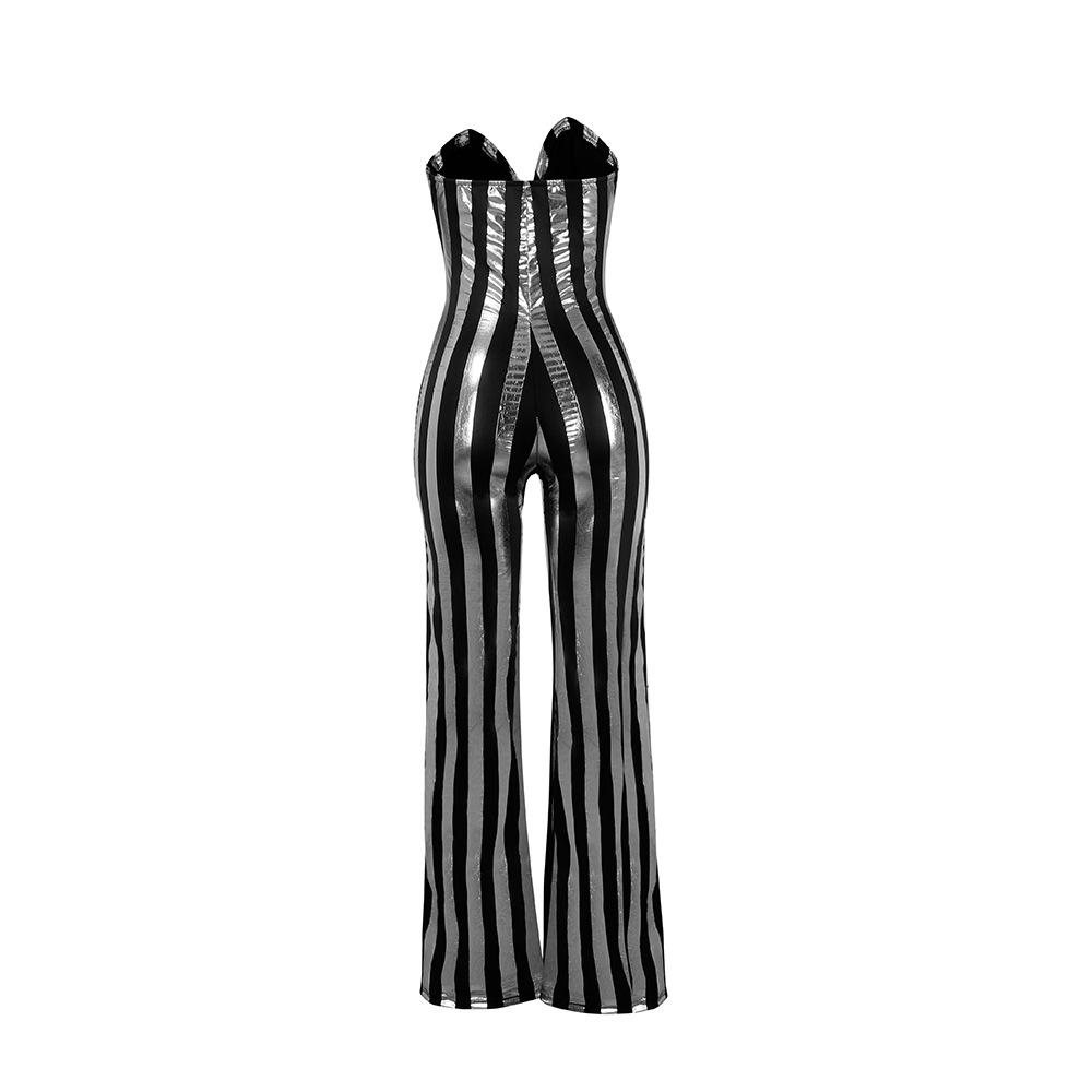 V-Neck Wrapped Chest Black Gold Striped Jumpsuit NSWNY74468