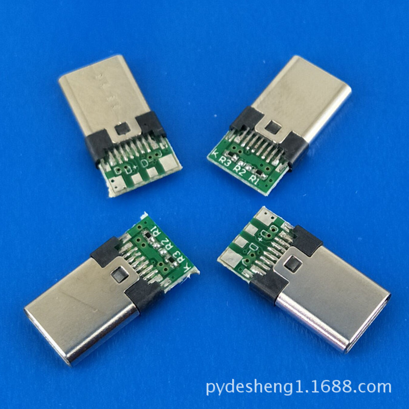 供应USB TYPE-C 焊线公头 带PCB\电阻 3.1连接器 接2.0