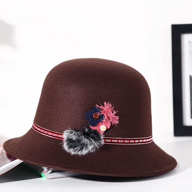 Las mujeres de otoño e invierno sombrero de lana de moda elegante decoración de la flor personalizada al aire libre cálido sombrero de cuenca estilo coreano sombrero superior entrega de una sola pieza image 12