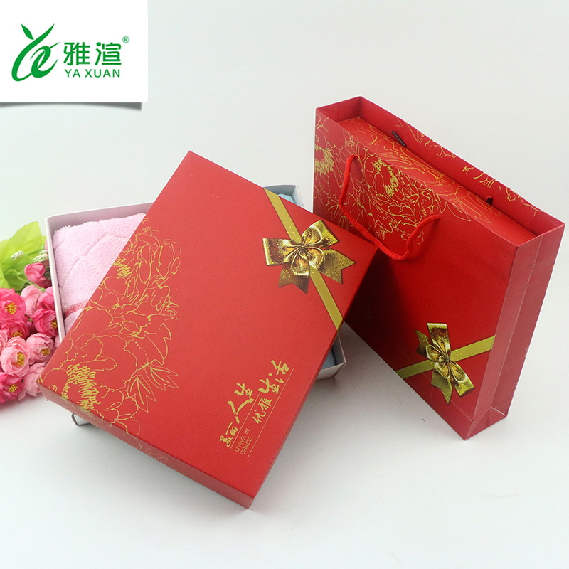 新款红色蝴蝶结双条毛巾礼盒+手提袋 高档白卡加厚结婚喜庆送回礼|ru