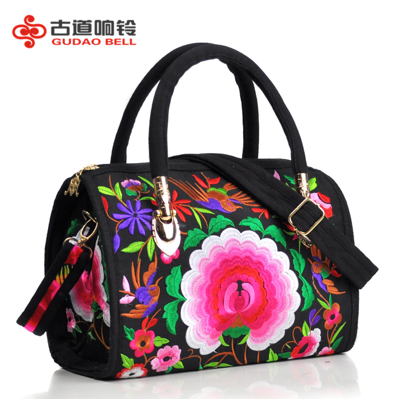 Estilo étnico bordado crossbody portátil de doble uso bolsa de tambor lienzo bordado floral bolsa de viaje hombro portátil bolso de las mujeres