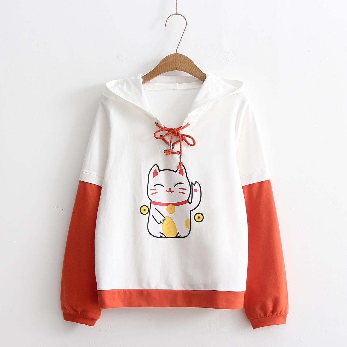 Nhật Bản dễ thương mới mùa thu 2017 màu Lucky Cat chính tả với một dài tay trùm đầu hoodies áo len áo khoác nữ nữ