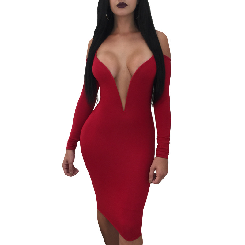 Long-Sleeved Deep V Sling Tight Dress NSXYZ100457