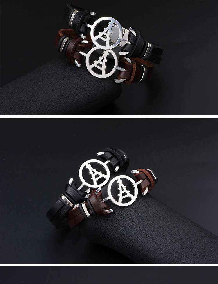 Magnetic Buckle Leather Stainless Steel Iron Tower Bracelet display picture 1