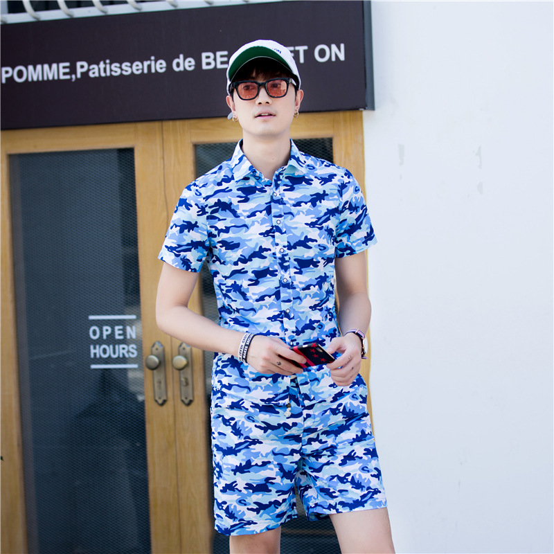 AliExpress Men's Large Size Camouflage Short-sleeved Suit Summer New Foreign Trade Short-sleeved Shirt Camouflage Shorts