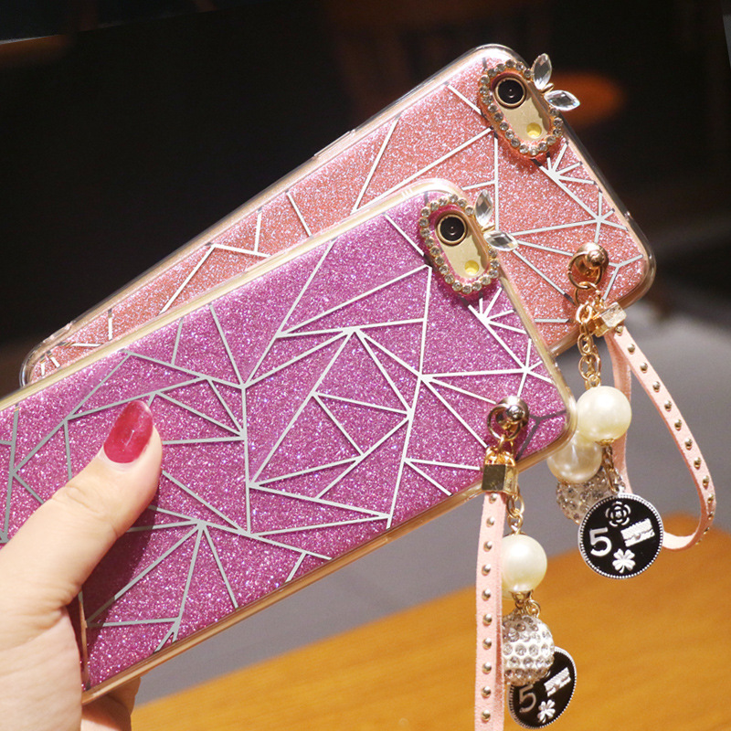 苹果7手机壳 iphone6s手机套8plus闪粉菱格IMD保护壳带挂绳带支架