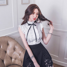 韓國代購2017夏裝新款韓版無袖荷葉邊半高領系蝴蝶結襯衫上衣752