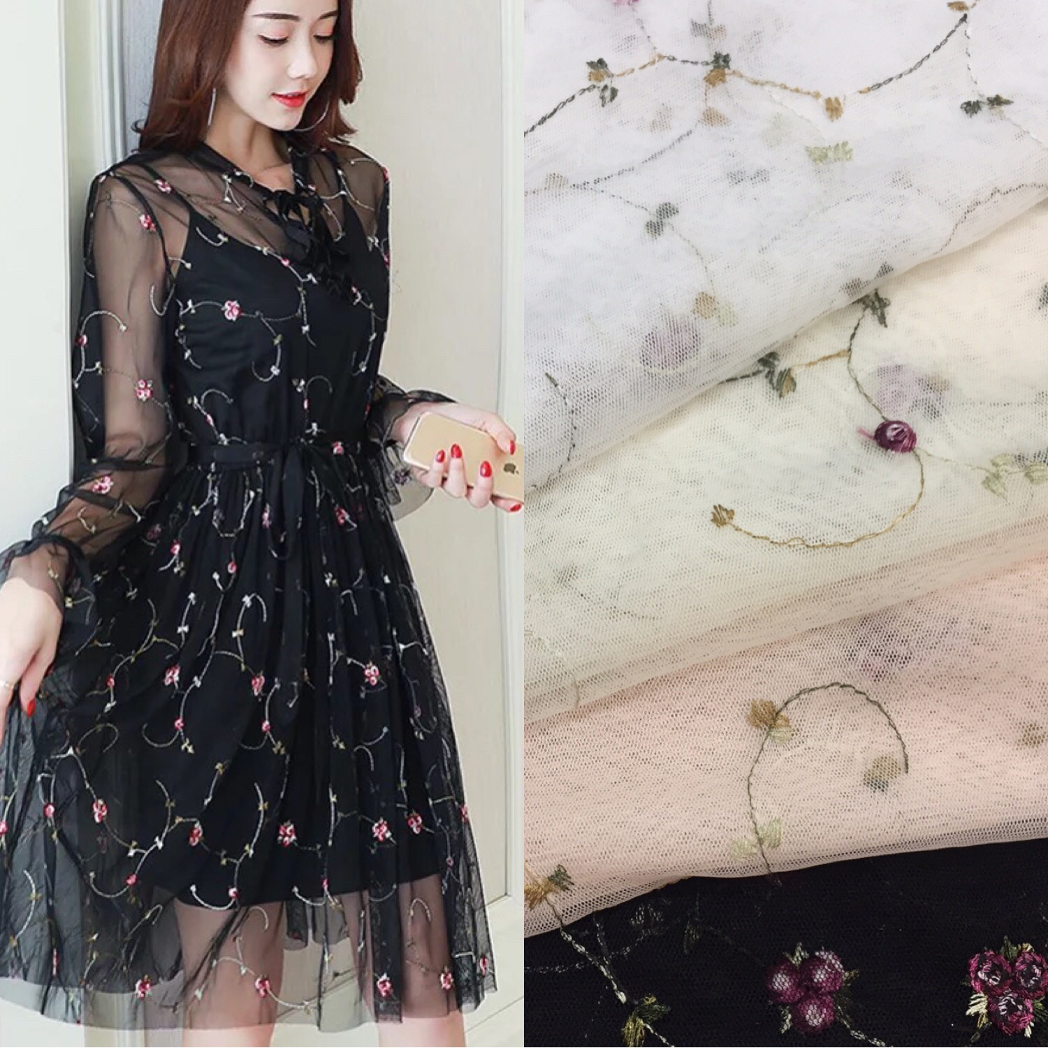 爆款网布立体刺绣多色小花 清新时装舞台装旗袍头纱披肩现货批发