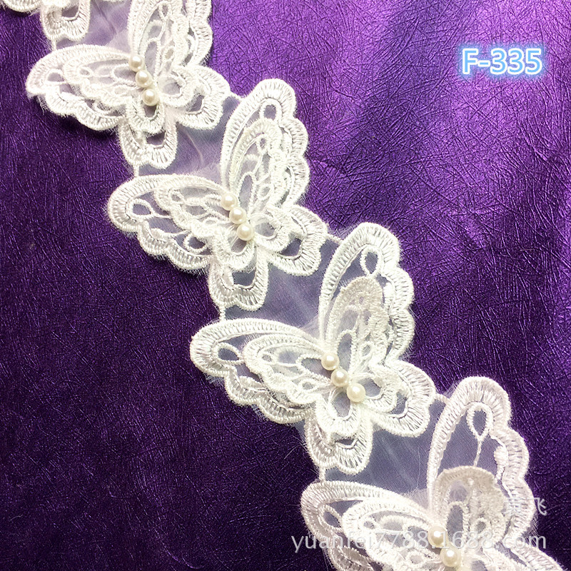 F-335涤纶丝2层蝴蝶欧根纱刺绣蕾丝钉珠立体布贴DIY婚纱礼服花边