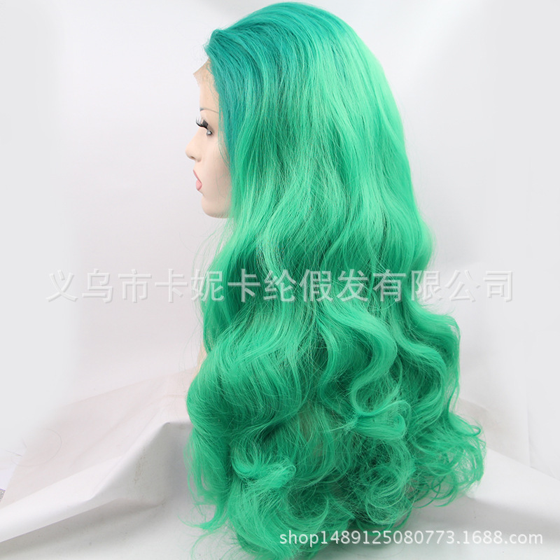 Nueva peluca de encaje de frente verde sólido, cabello largo y rizado realista
